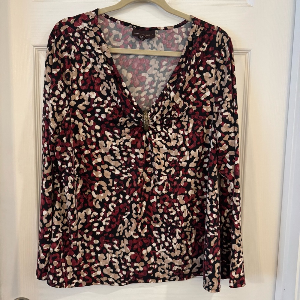 Dana Buchman Long Sleeve Blouse in Burgundy, Cream and Black 1X